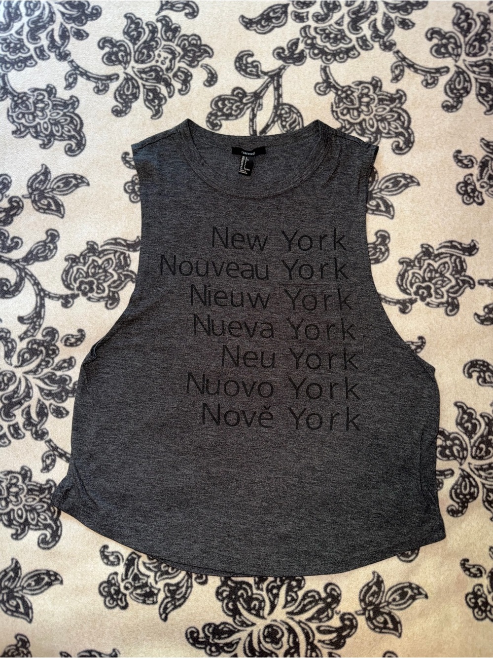 Charcoal Gray Sleeveless Graphic Crop Top - New York Print